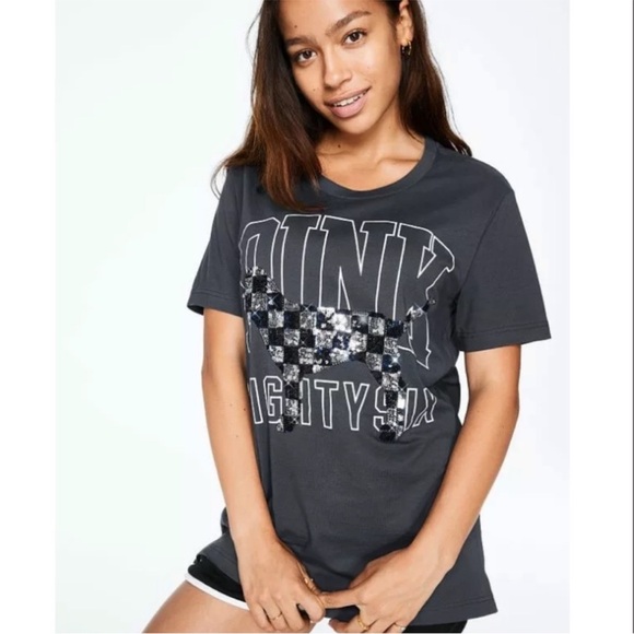 Victoria’s Secret Pink tee pink Bling dog campus  tee pink sequin dog holo gray - Picture 5 of 9